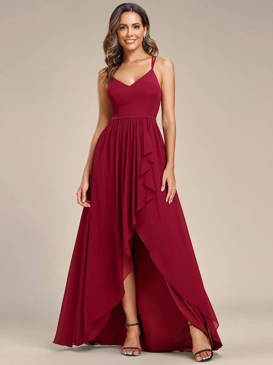 Chiffon Spaghetti Strap Ruffled Front Slit A-Line Bridesmaid Dress