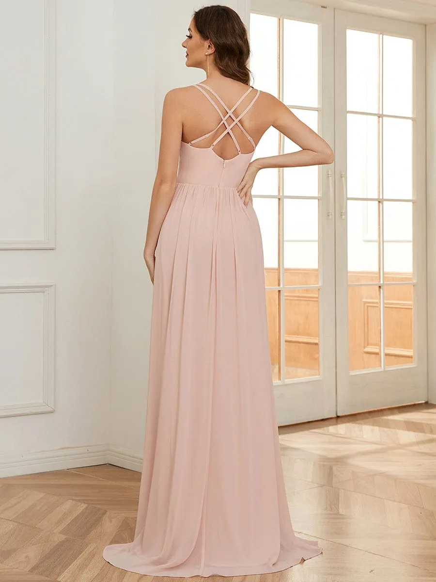 Chiffon Spaghetti Strap Ruffled Front Slit A-Line Bridesmaid Dress