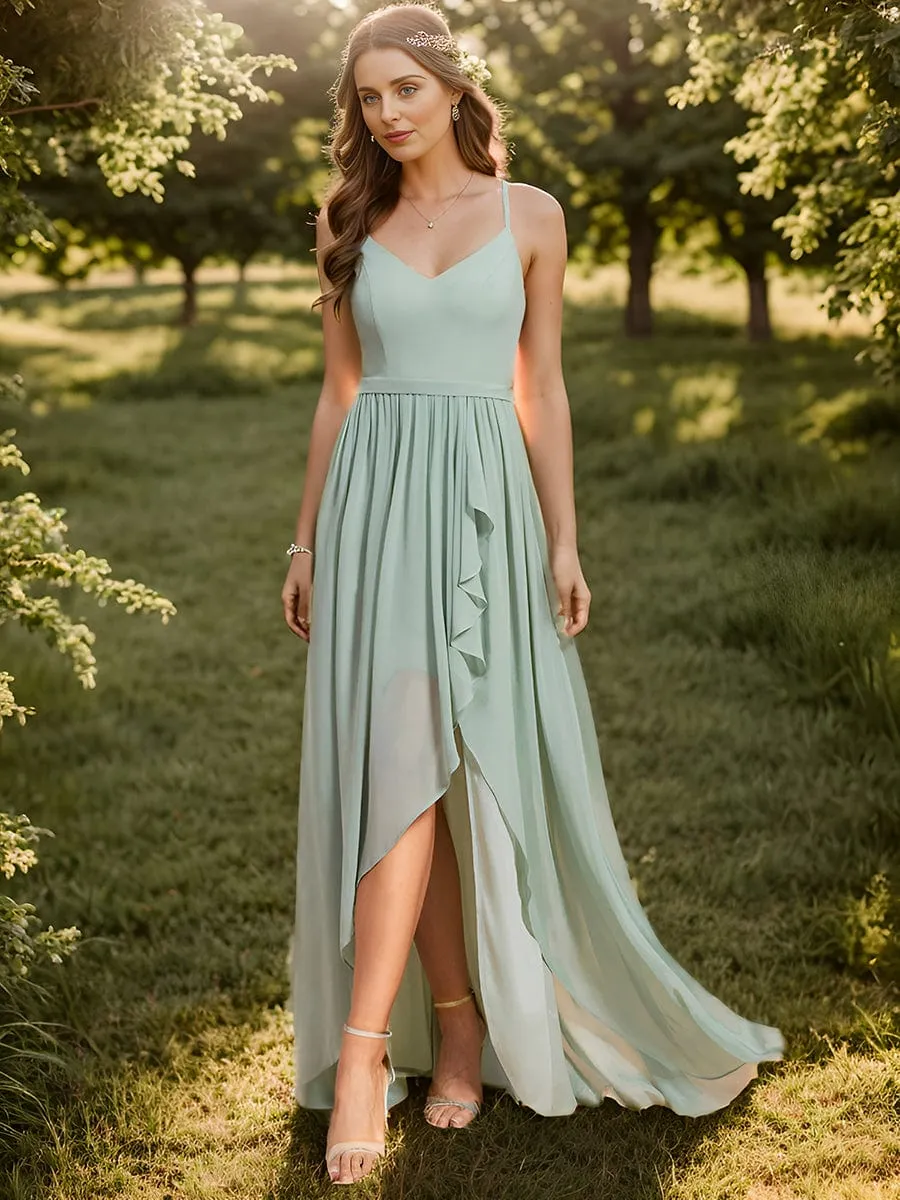 Chiffon Spaghetti Strap Ruffled Front Slit A-Line Bridesmaid Dress