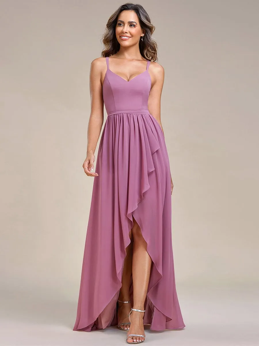 Chiffon Spaghetti Strap Ruffled Front Slit A-Line Bridesmaid Dress