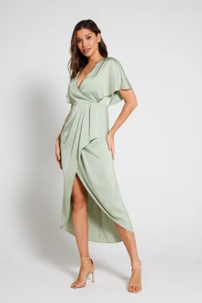 Clara Angel Sleeve Wrap Satin Midi Dress - Sage Green