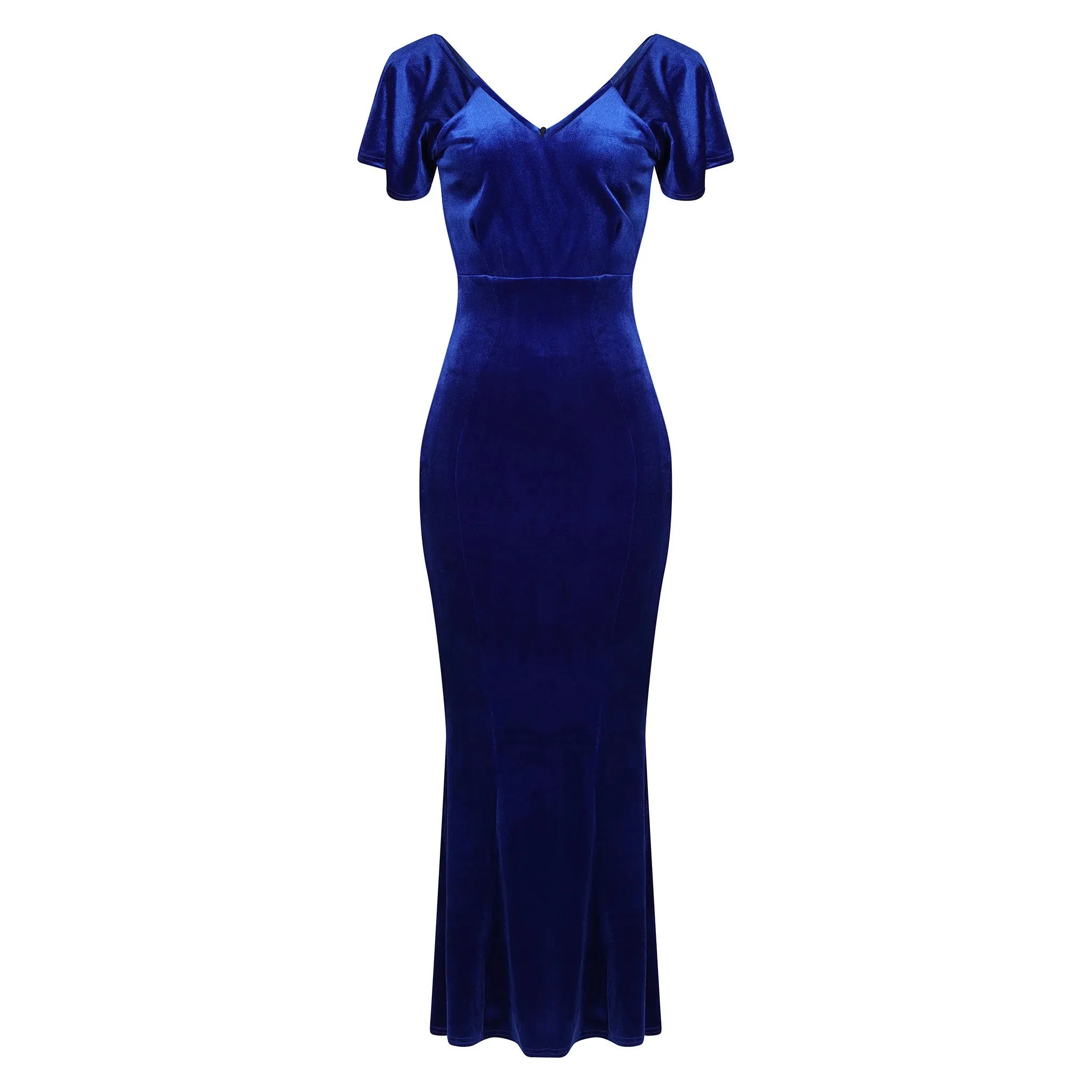 Cobalt Blue V Neck Velour Maxi Dress w/ Fishtail Hem & Waterfall Sleeves