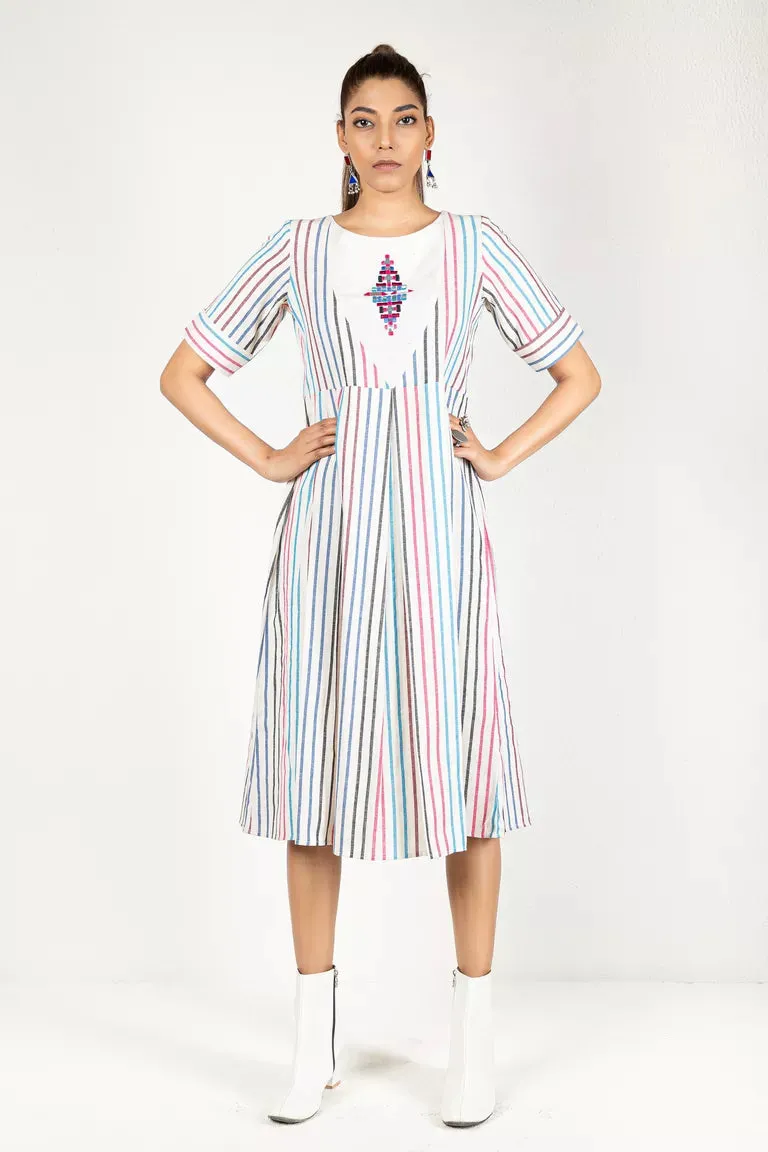 Cream & Colorful Striped Woven Dress