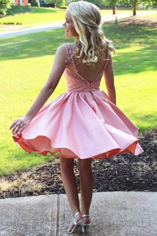 Cute A Line Satin Scoop Pink Beads Straps Short Prom Dresses Homecoming Dresses