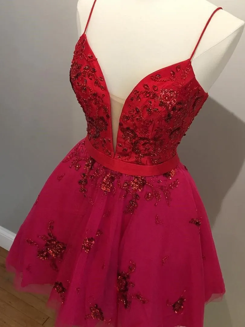 Cute Red Spaghetti Straps V Neck Tulle Beaded Short Prom Dresses Homecoming Dresses