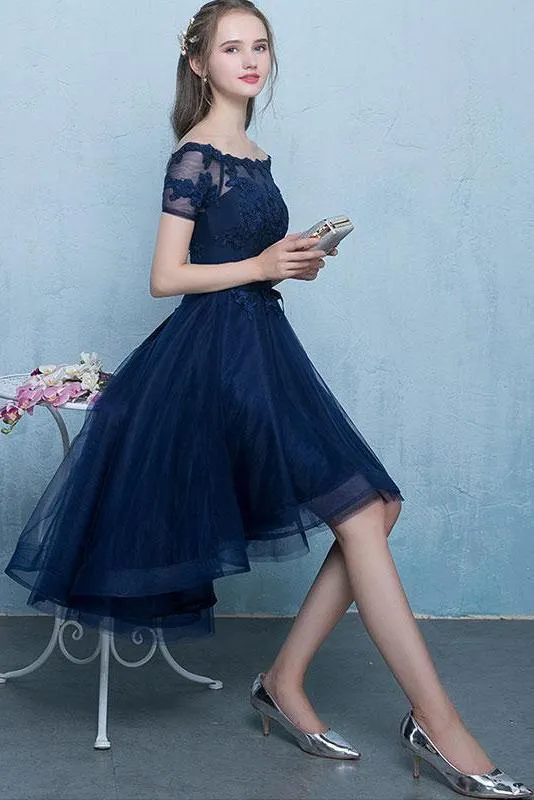 Dark Blue Lace Tulle Short Sleeve High Low Round Neck A-Line Short Prom Dresses