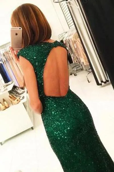 Dark Green Open Back Long Prom Dresses Sequins Split Bridesmaid Dress