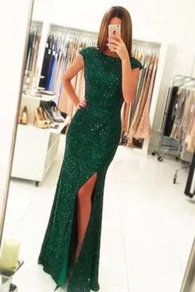 Dark Green Open Back Long Prom Dresses Sequins Split Bridesmaid Dress