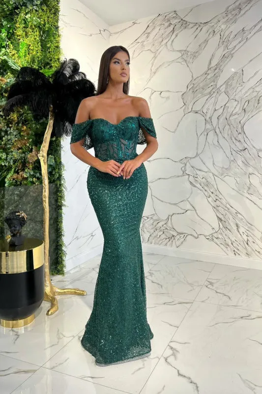 Dark Green Sweetheart Off-The-Shoulder Prom Dress With Appliques Sequins