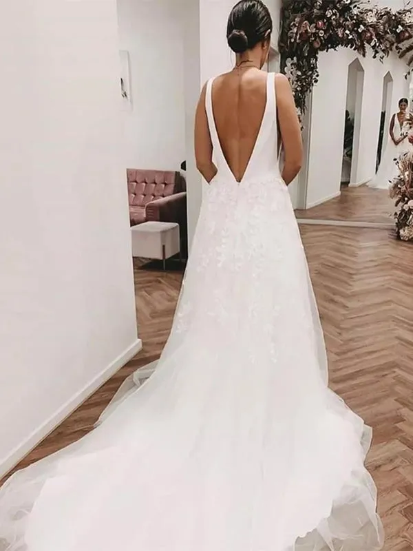 Deep V Neck and V Back White Lace Long Prom Wedding Dresses with Train, White Lace Formal Dresses, V Neck White Evening Dresses