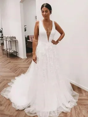 Deep V Neck and V Back White Lace Long Prom Wedding Dresses with Train, White Lace Formal Dresses, V Neck White Evening Dresses