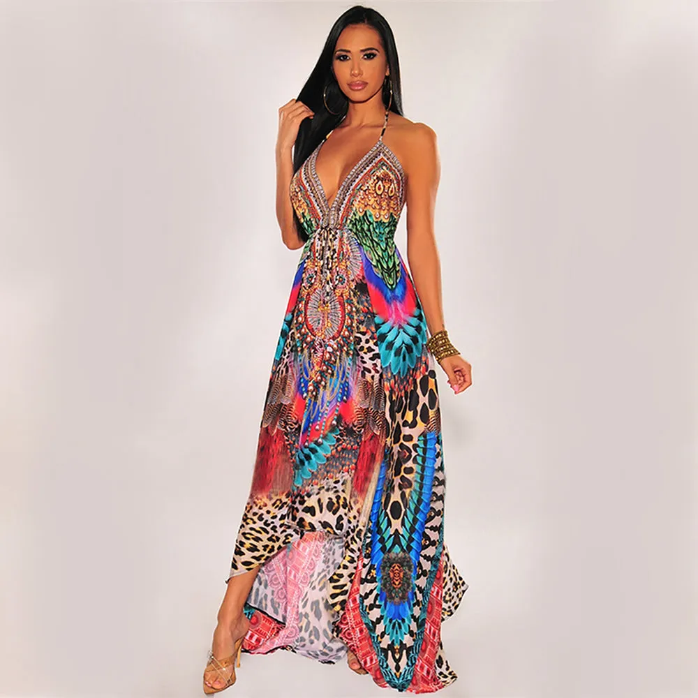 Deep V-neck Animal Printed Maxi Dress