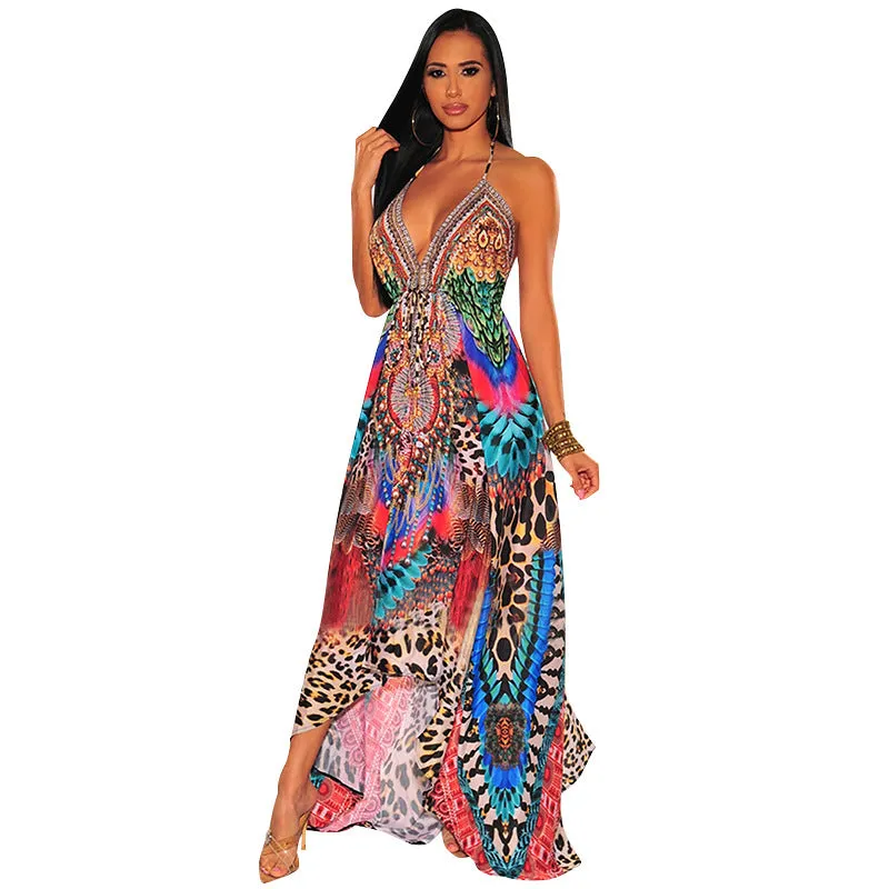 Deep V-neck Animal Printed Maxi Dress