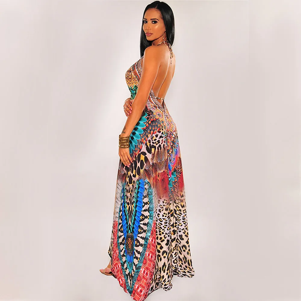 Deep V-neck Animal Printed Maxi Dress