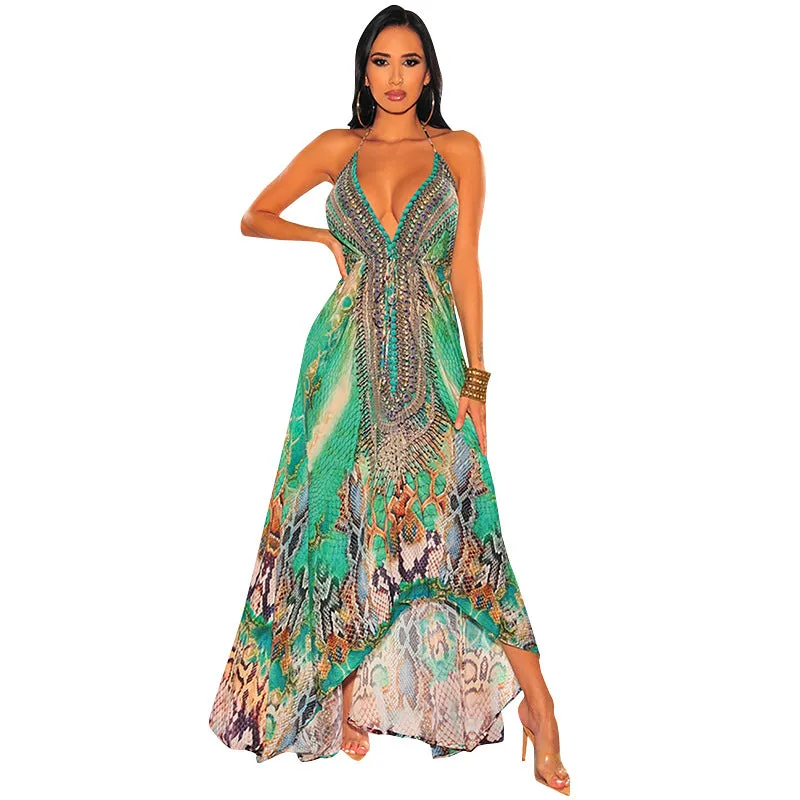 Deep V-neck Animal Printed Maxi Dress