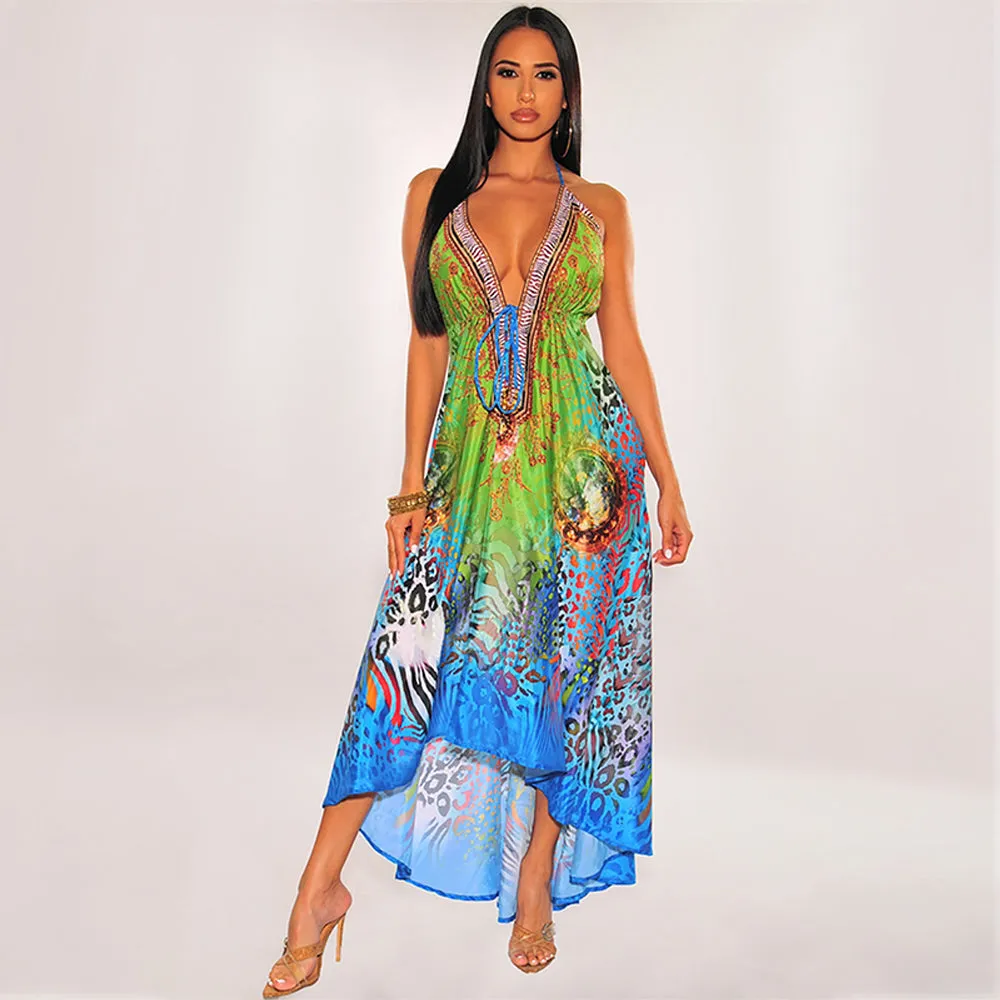 Deep V-neck Animal Printed Maxi Dress