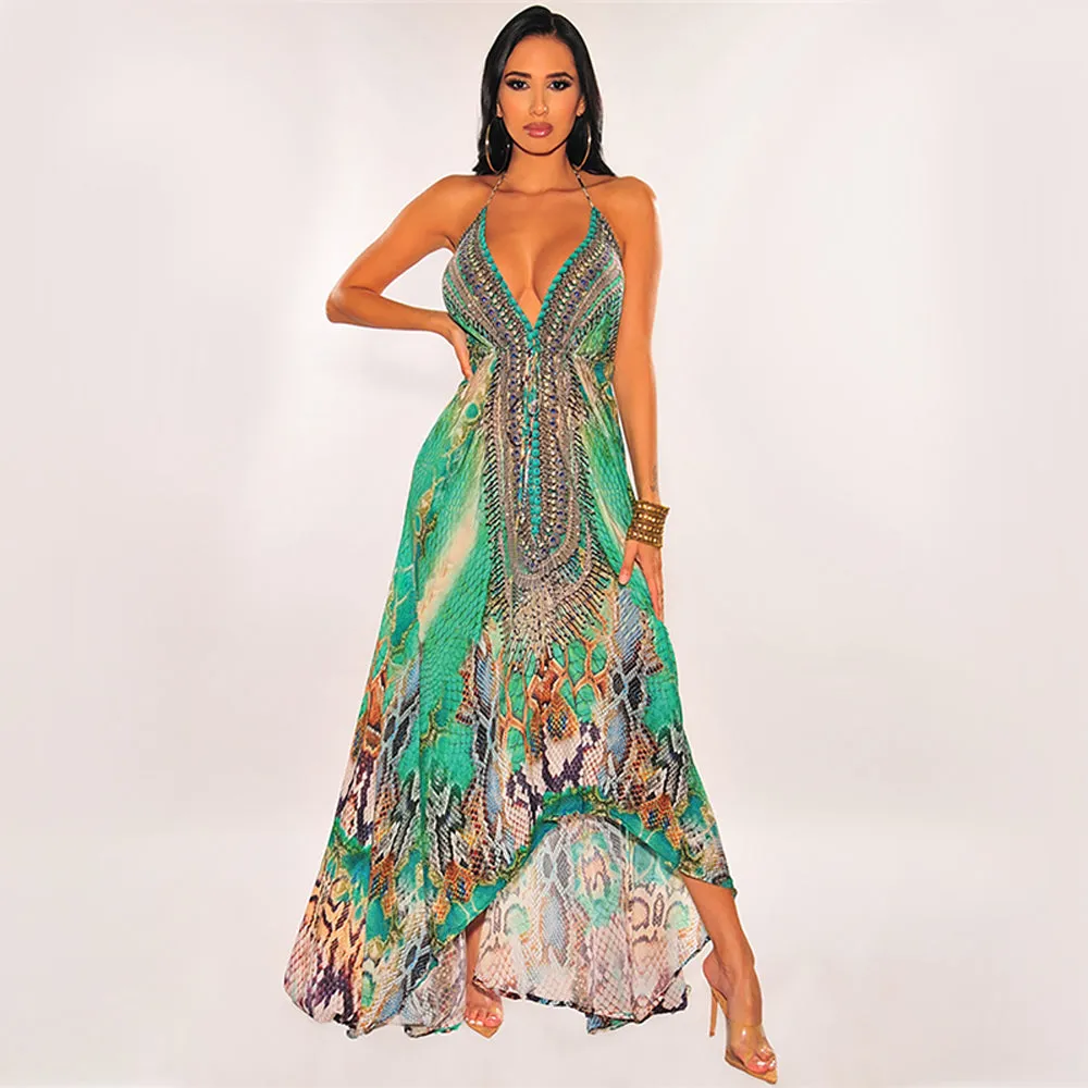 Deep V-neck Animal Printed Maxi Dress