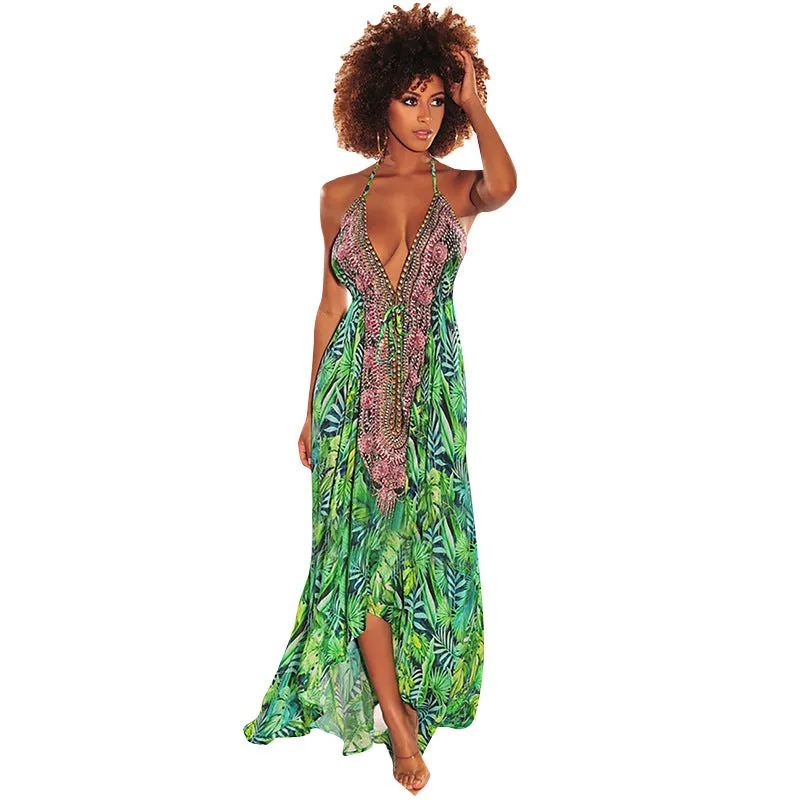 Deep V-neck Animal Printed Maxi Dress