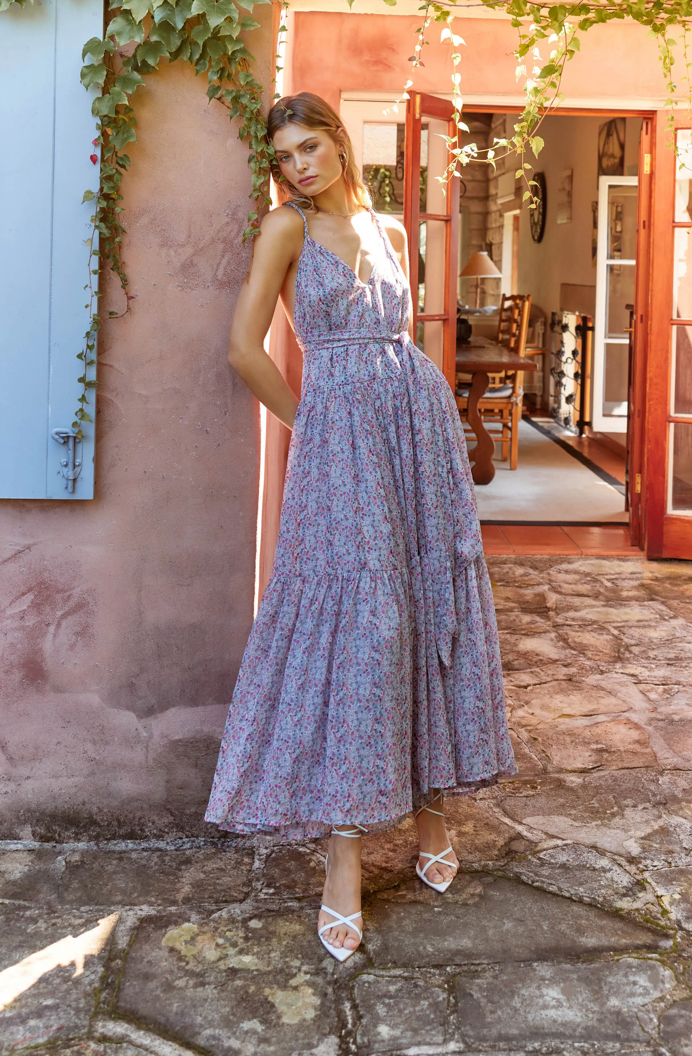 Eartha Floral Plunge Tie Waist Maxi Dress