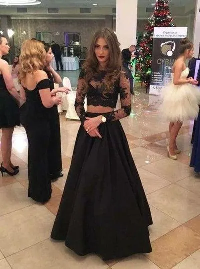 Elegant Two Piece A-line Lace Long Sleeves Black Prom Dresses