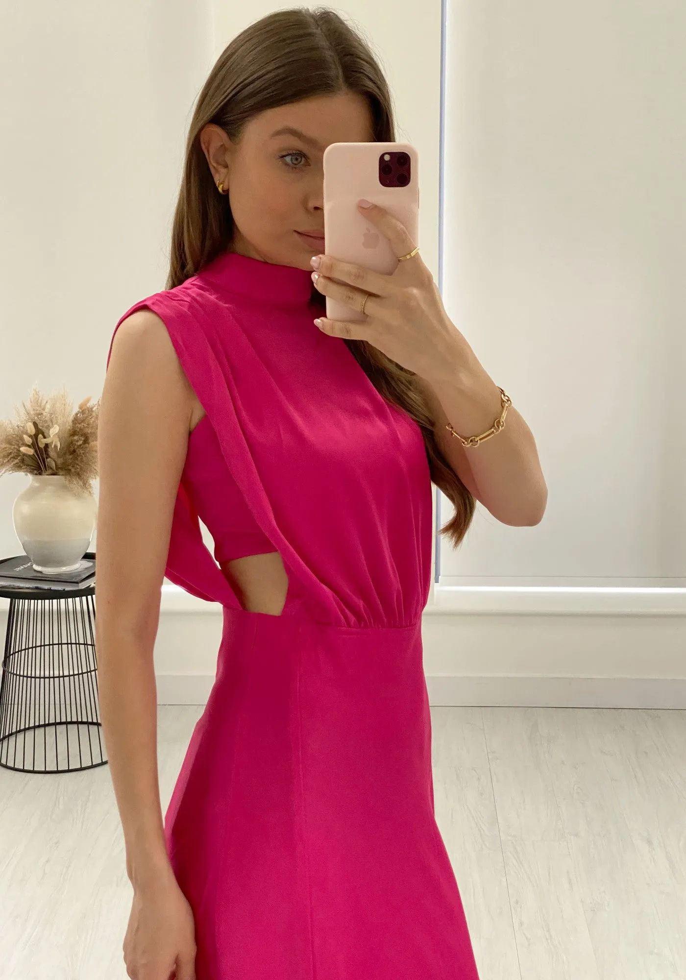 Elle Satin Midi Dress - Fuchsia Pink