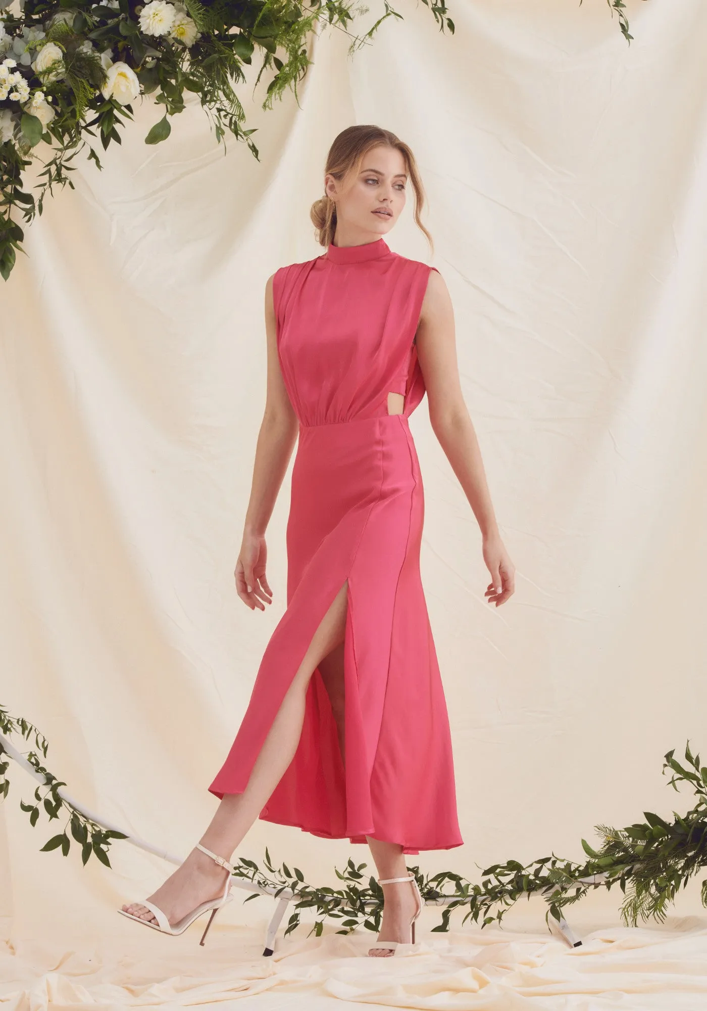 Elle Satin Midi Dress - Fuchsia Pink