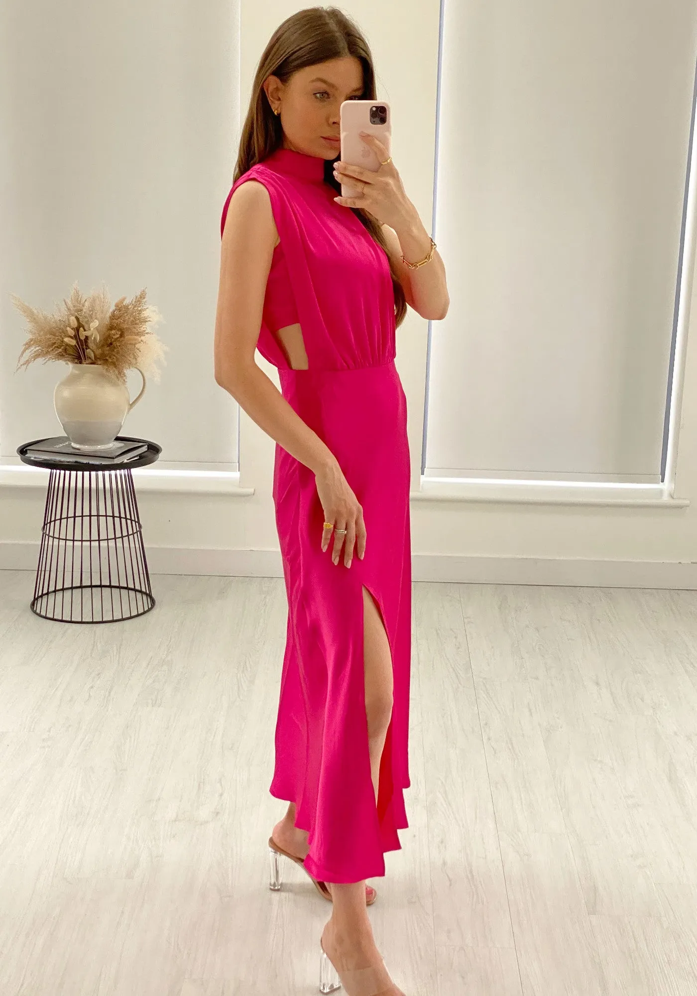 Elle Satin Midi Dress - Fuchsia Pink