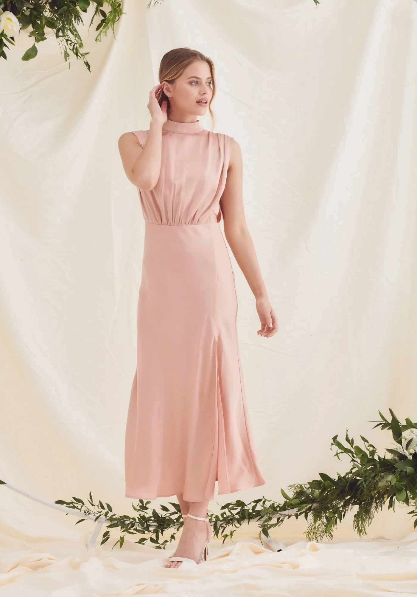 Elle Satin Midi Dress - Rose Pink