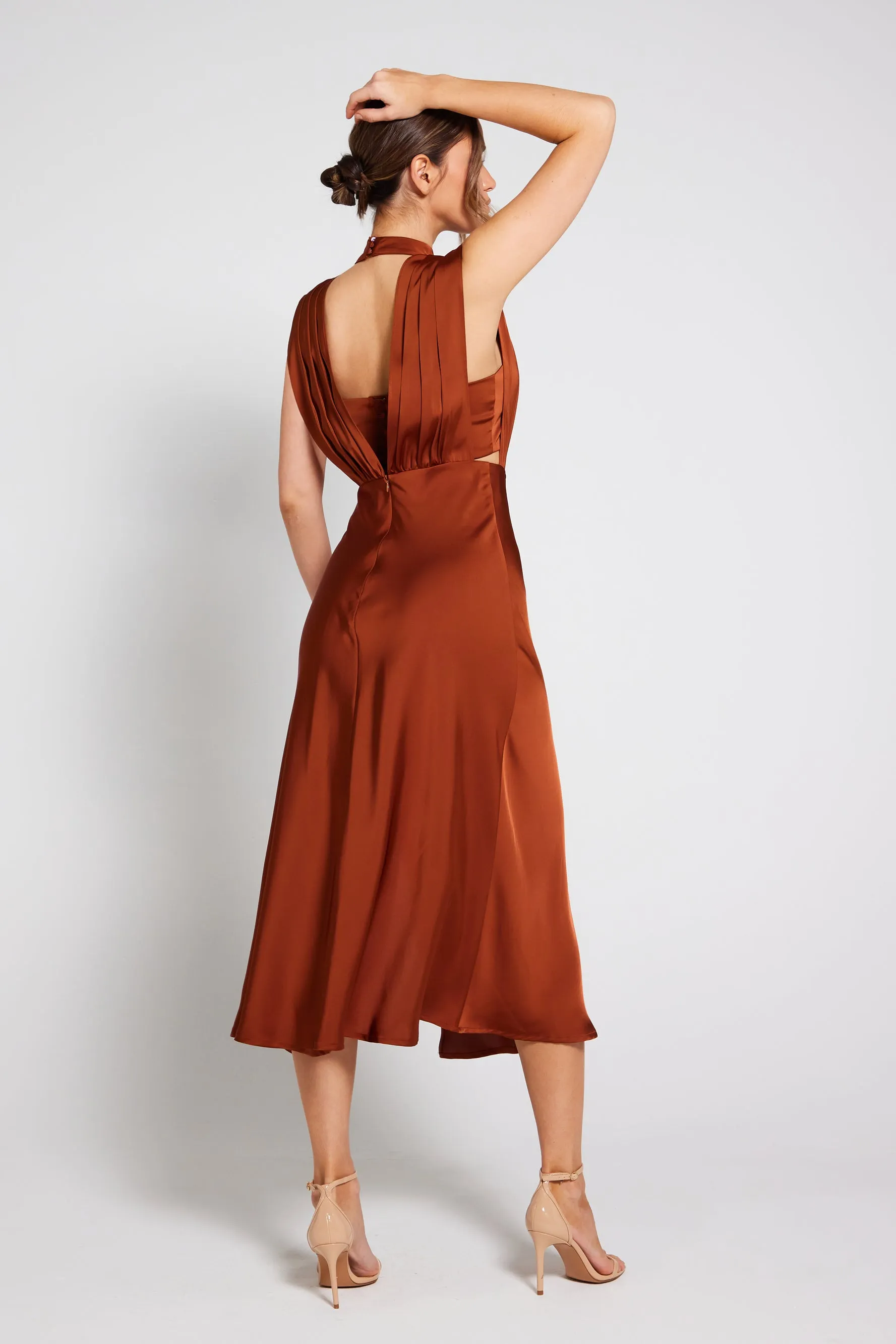 Elle Satin Midi Dress - Rust