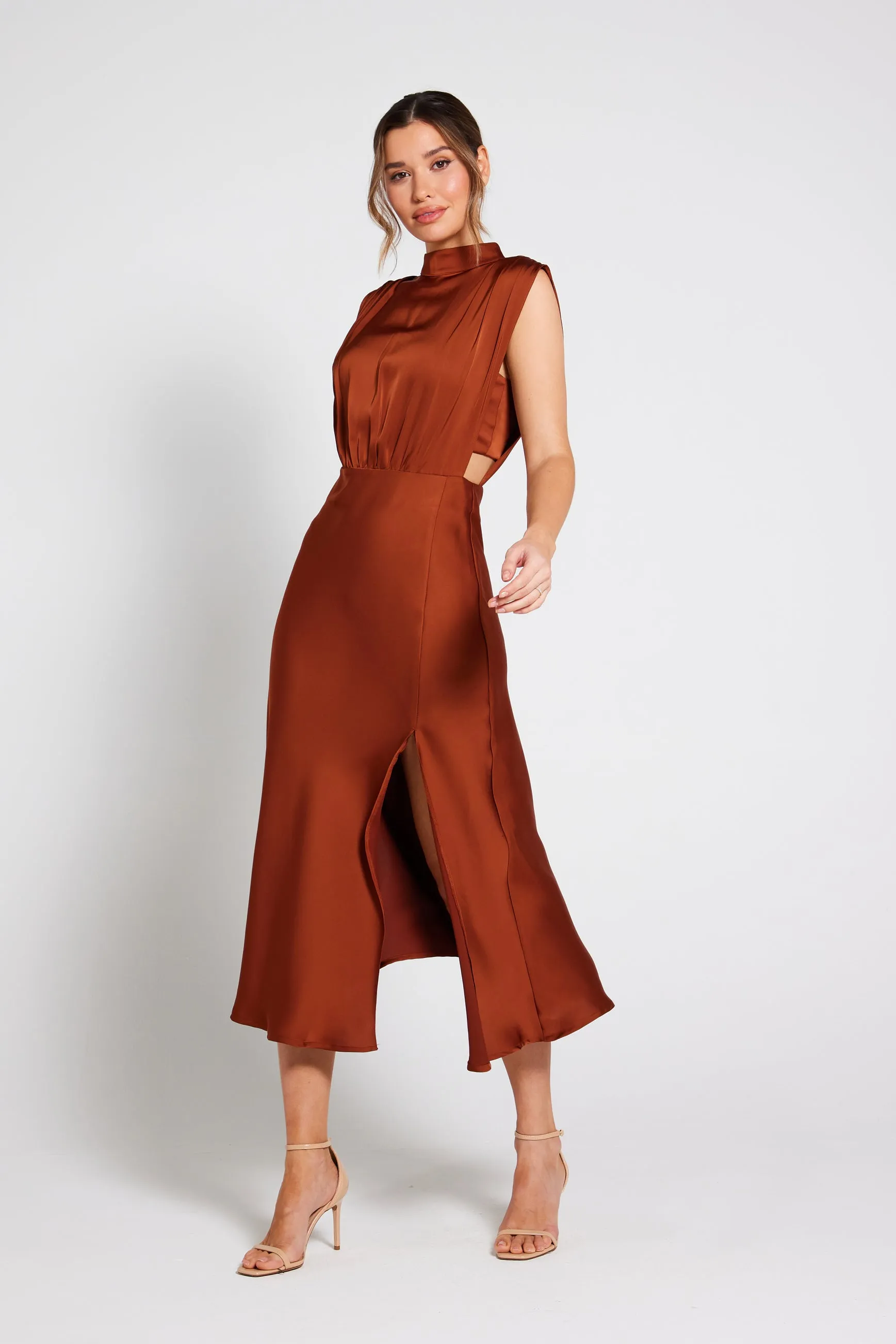 Elle Satin Midi Dress - Rust