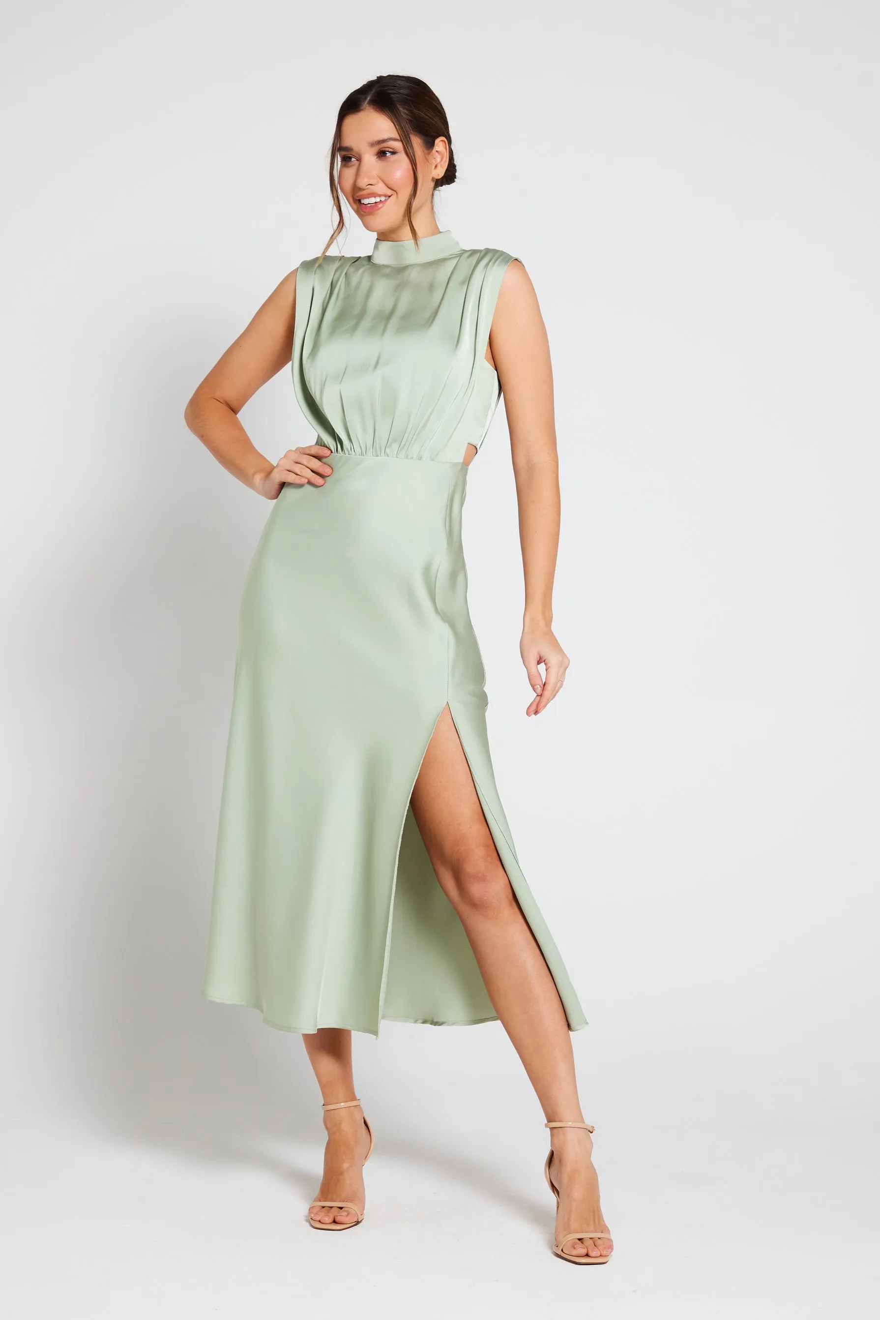 Elle Satin Midi Dress - Sage Green