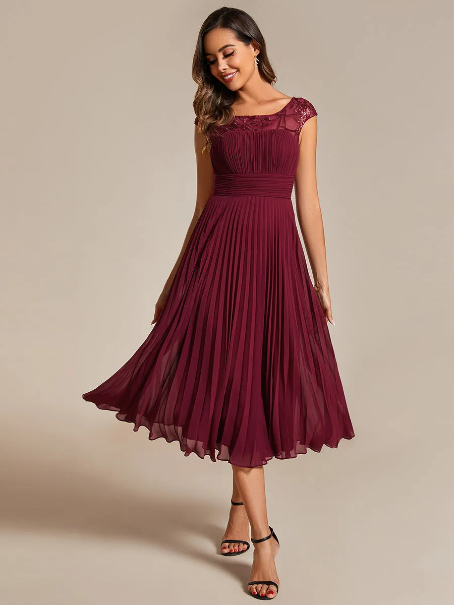 Embroidery Round Neck Tea Length Wedding Guest Dress With Raglan Sleeves