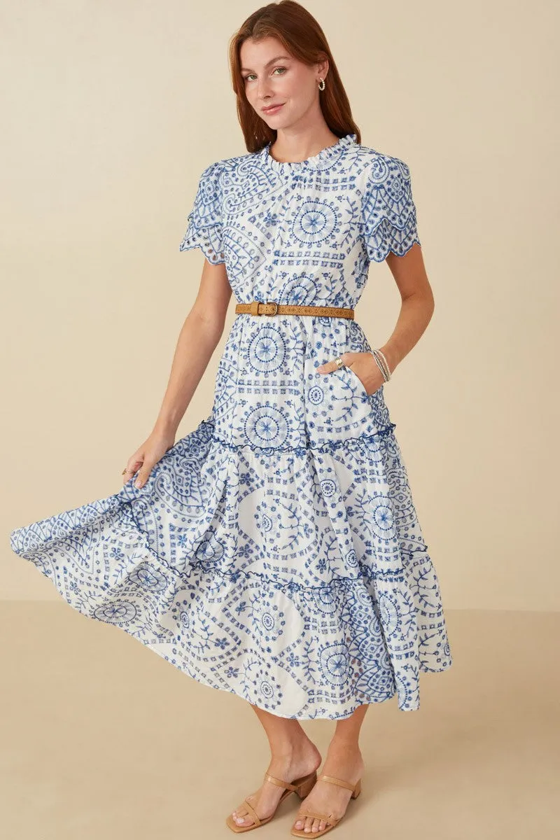 Eyelet Embroidered Dress in Blue and White