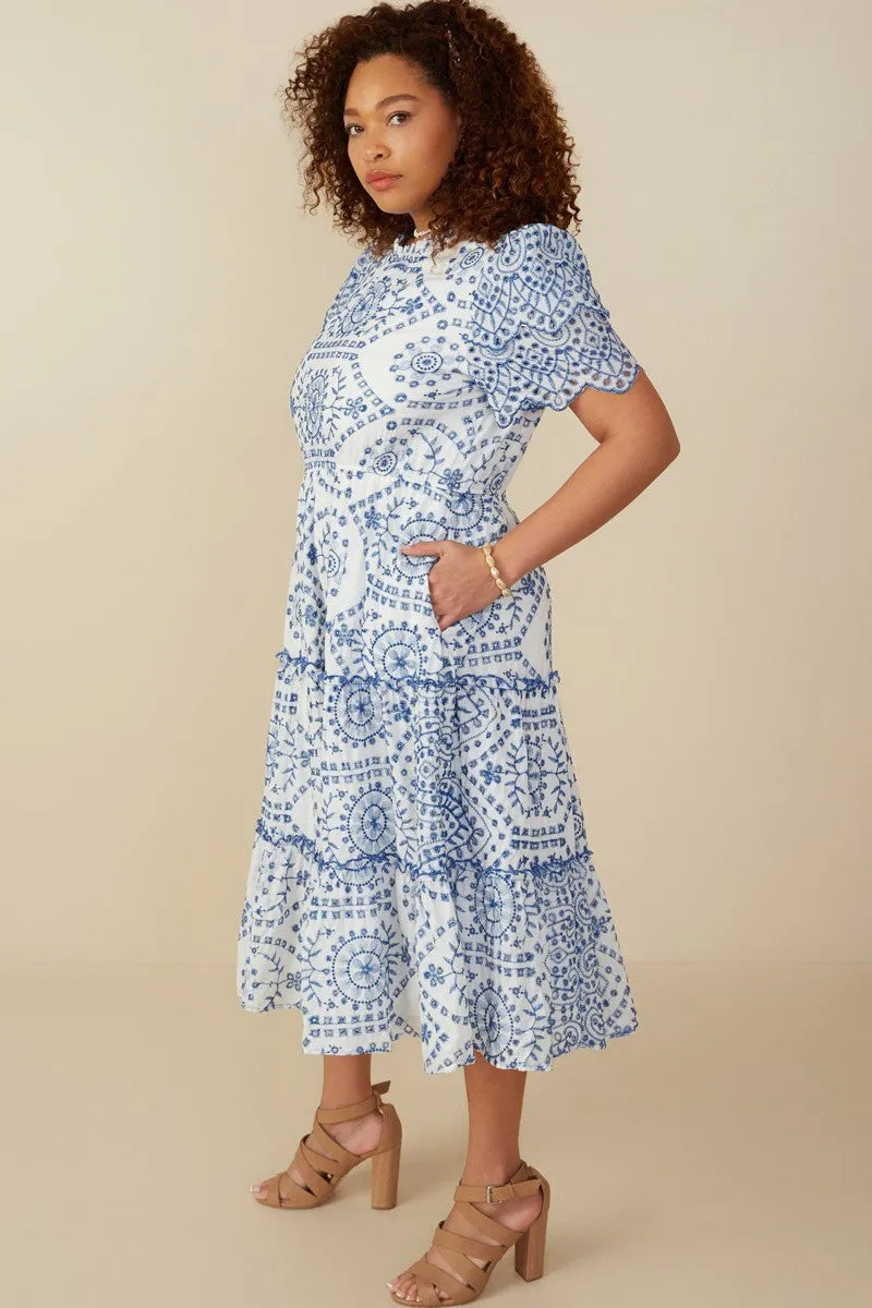 Eyelet Embroidered Dress in Blue and White