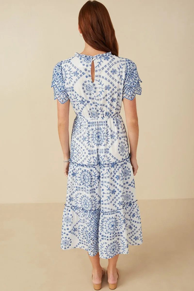 Eyelet Embroidered Dress in Blue and White