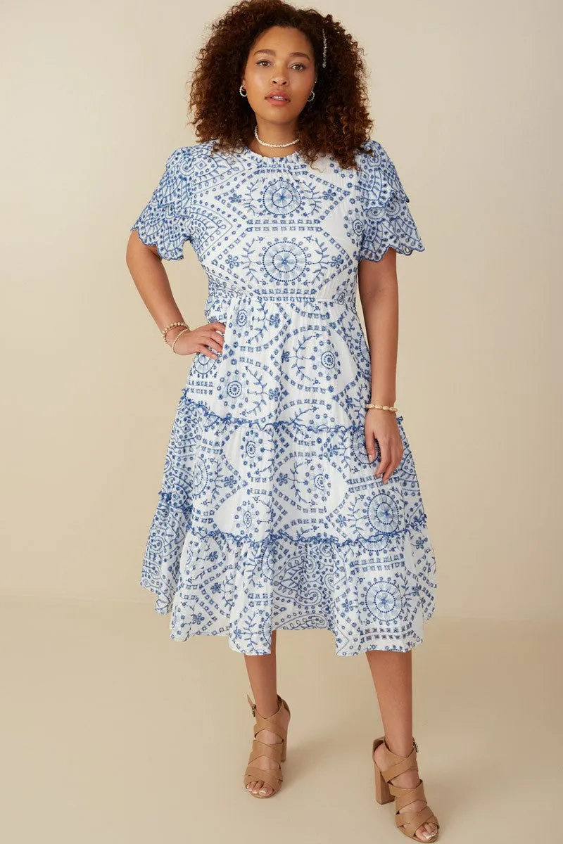 Eyelet Embroidered Dress in Blue and White