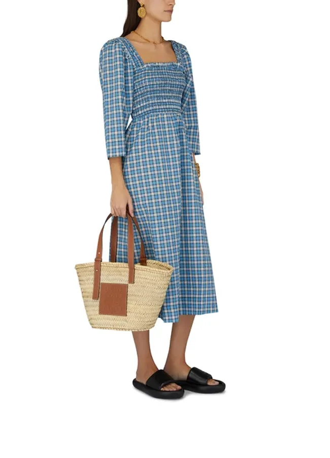 Ganni Seersucker Check Smock Midi Dress F6854