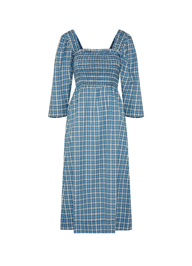 Ganni Seersucker Check Smock Midi Dress F6854