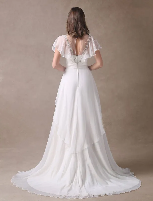 Glamorous Court Train Ivory Bridal Wedding Dress With Beading V-Neck Exclusive