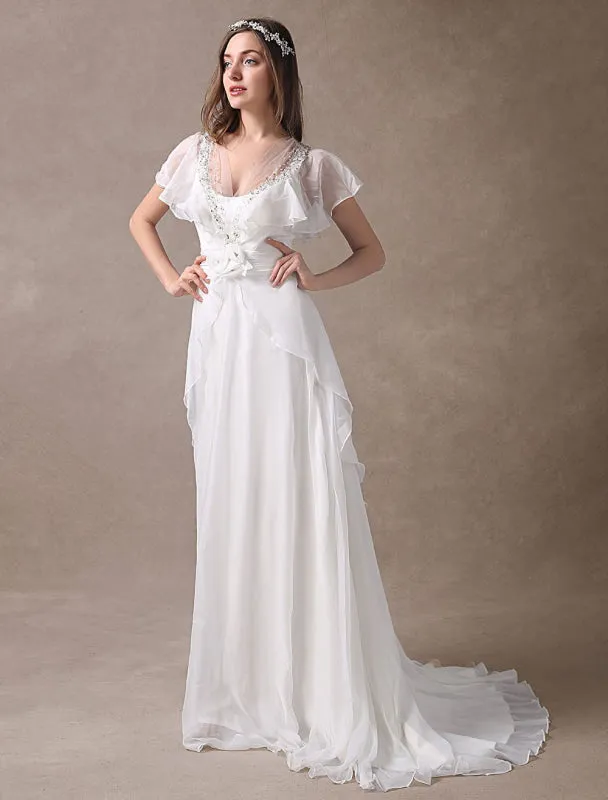 Glamorous Court Train Ivory Bridal Wedding Dress With Beading V-Neck Exclusive