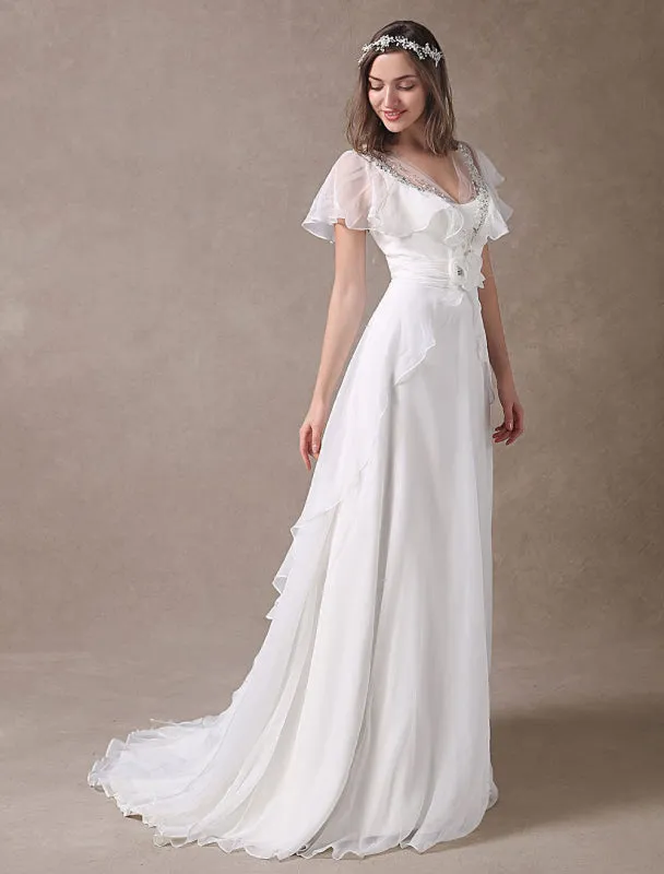 Glamorous Court Train Ivory Bridal Wedding Dress With Beading V-Neck Exclusive