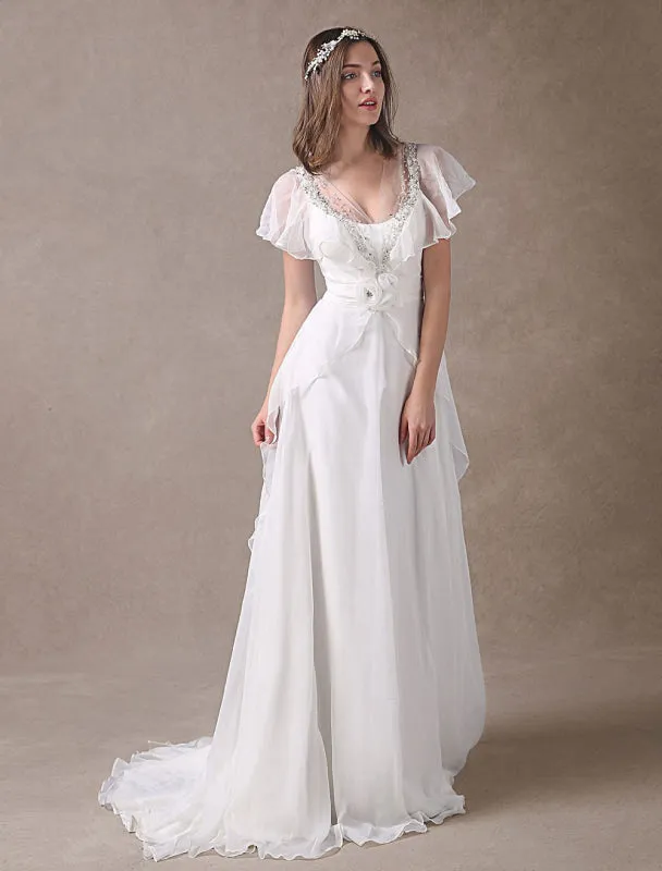 Glamorous Court Train Ivory Bridal Wedding Dress With Beading V-Neck Exclusive