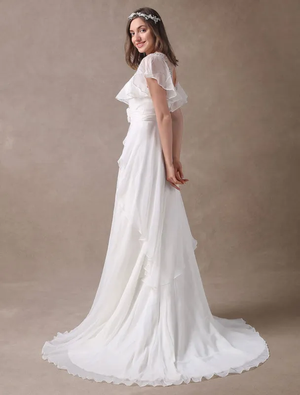 Glamorous Court Train Ivory Bridal Wedding Dress With Beading V-Neck Exclusive