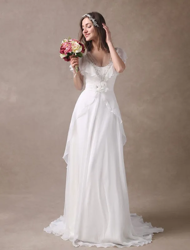 Glamorous Court Train Ivory Bridal Wedding Dress With Beading V-Neck Exclusive