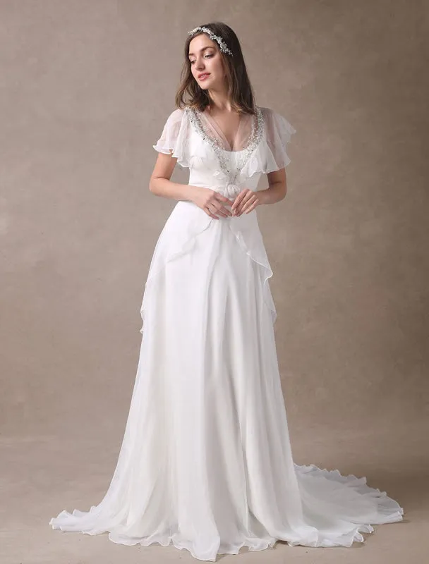 Glamorous Court Train Ivory Bridal Wedding Dress With Beading V-Neck Exclusive