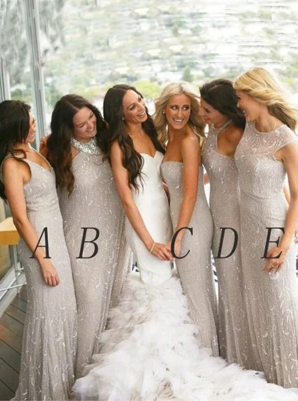 Glitter Mermaid Sweetheart Floor-Length Light Grey Tulle Bridesmaid Dress