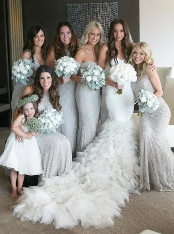 Glitter Mermaid Sweetheart Floor-Length Light Grey Tulle Bridesmaid Dress