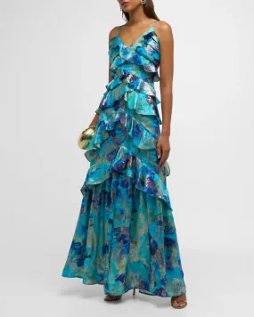 Harlen Ruffle Tiered Metallic Jacquard Gown