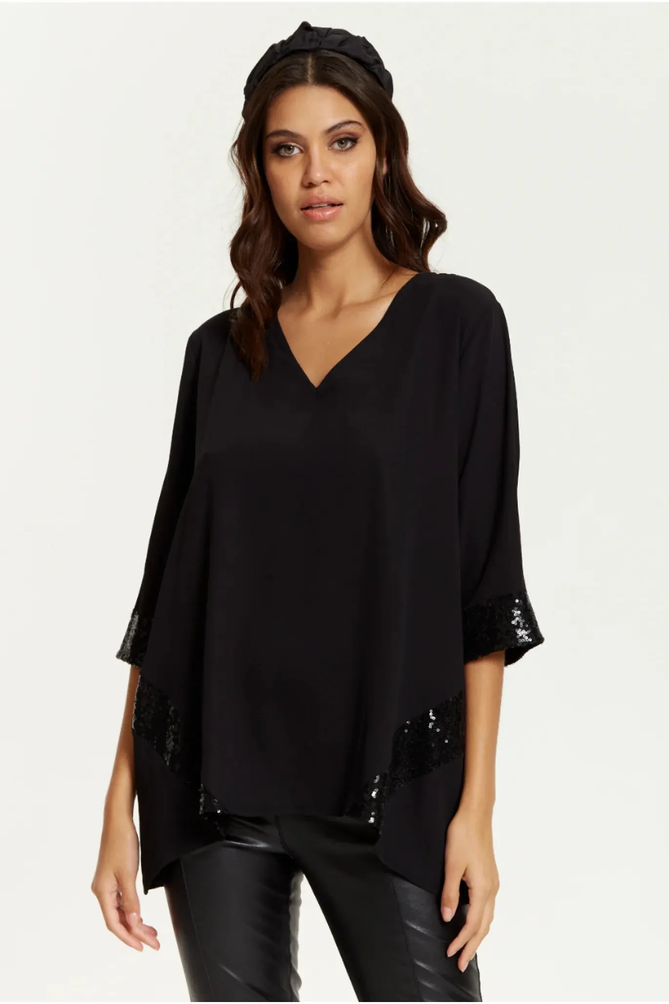 Hoxton Gal Oversized V Neck Sequin Detailed Satin Top