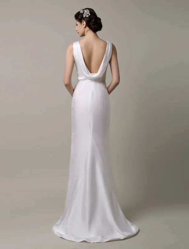 Ivory Satin Deep V-Neck And Cowlback With Embellished Sash Wedding Dress